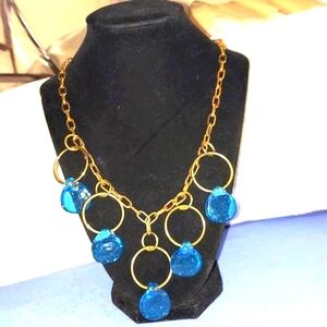 Vintage Blue Glass Stone Gold Chain Large Link Chunky Statement Necklace